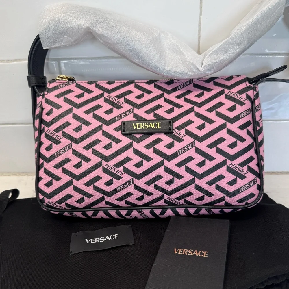 Versace La Greca Signature Shoulder Bag Pink Black Canvas Gold Metal Authentic